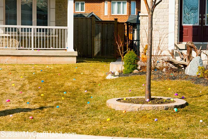 Front lawn scattered with colorful plastic Easter eggs as a part of a community Easter Egg Hunt.