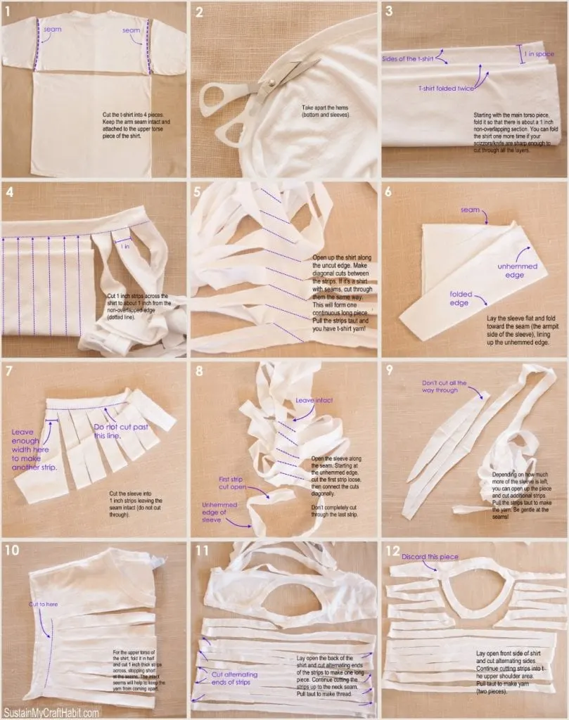 Steps to make your own t-shirt yarn using the whole shirt. Video tutorial included.