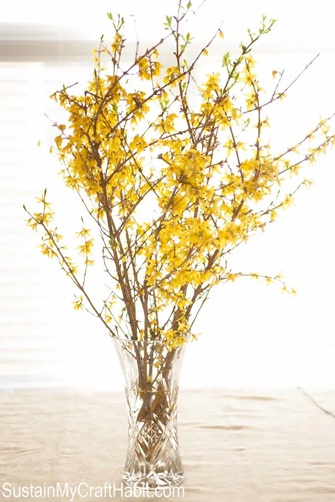 A crystal vase filled with blooming forsythia branches as a first communion party idea