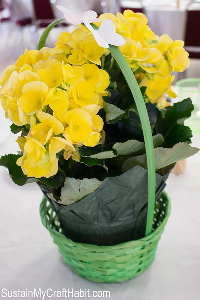 Yellow potted begonias in a green wicker basket as first communion centerpiece idea