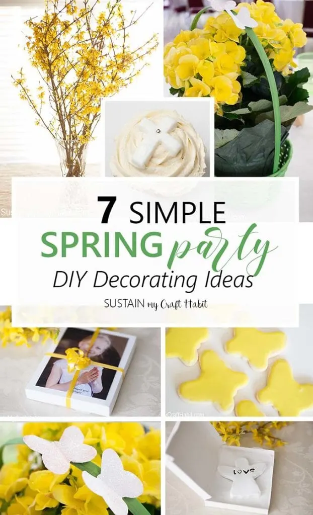 Collage of DIY spring party decorating ideas including centerpieces, favors, cookies and decor