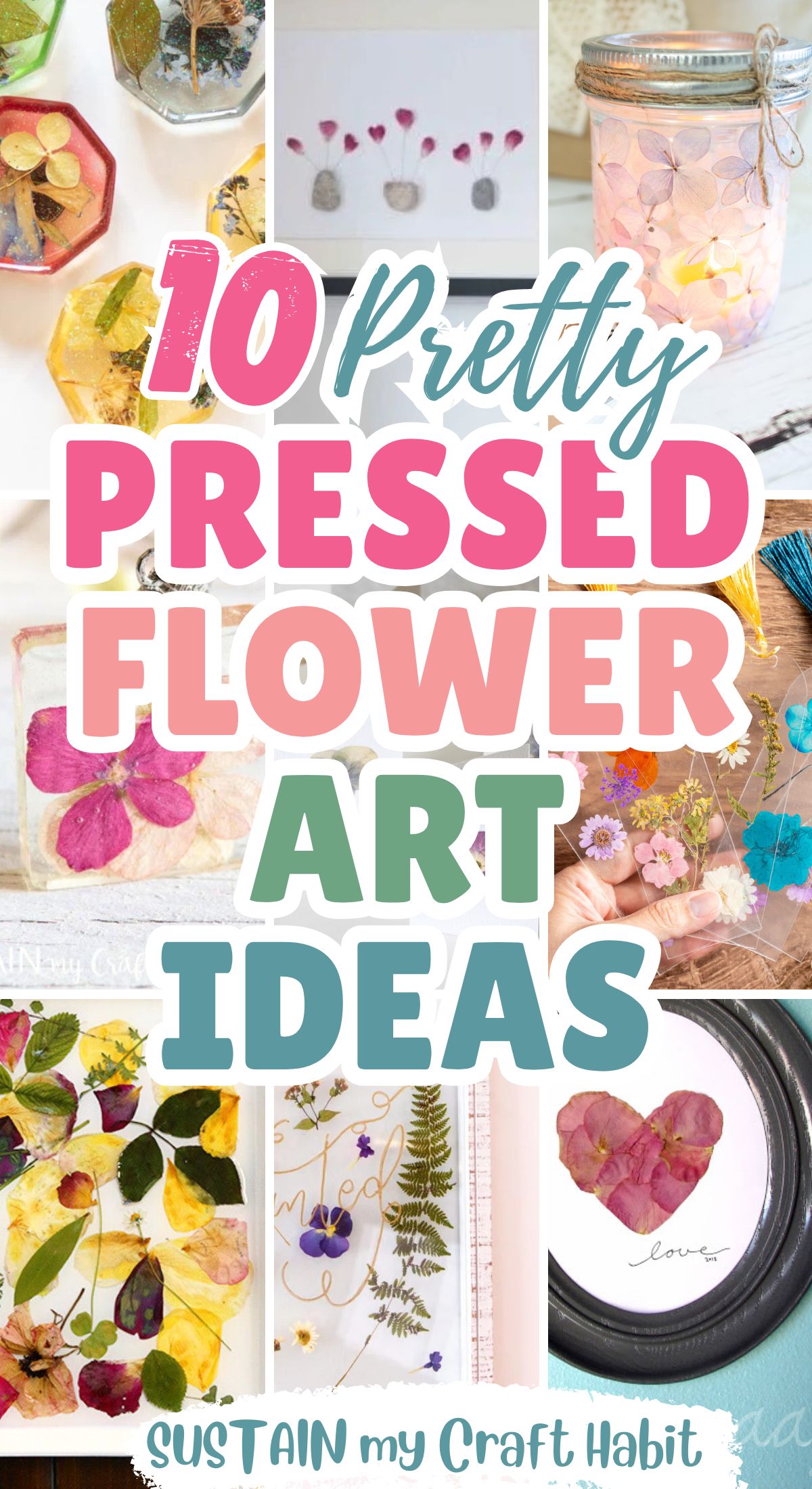Collage of pressed flower art projects including framed wall art, resin jewelry, bookmarks and more.