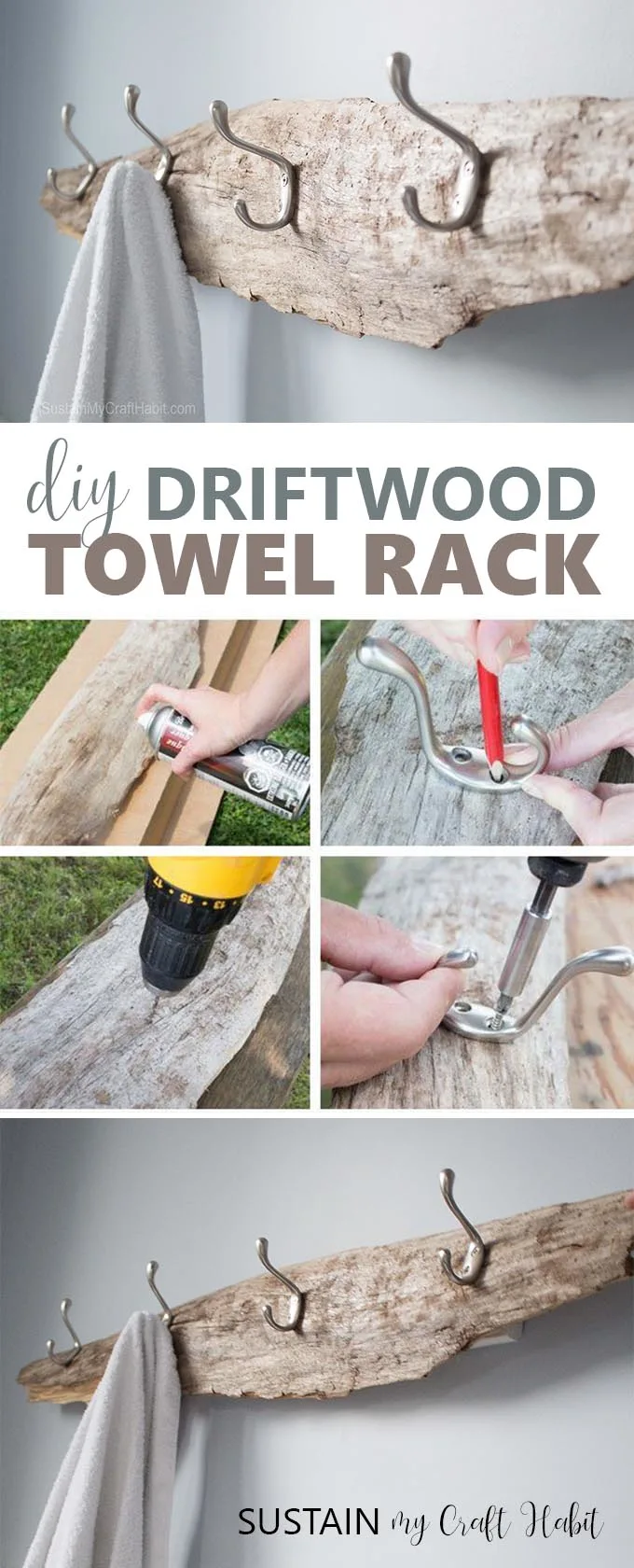 Rustic DIY towel rack made with driftwood