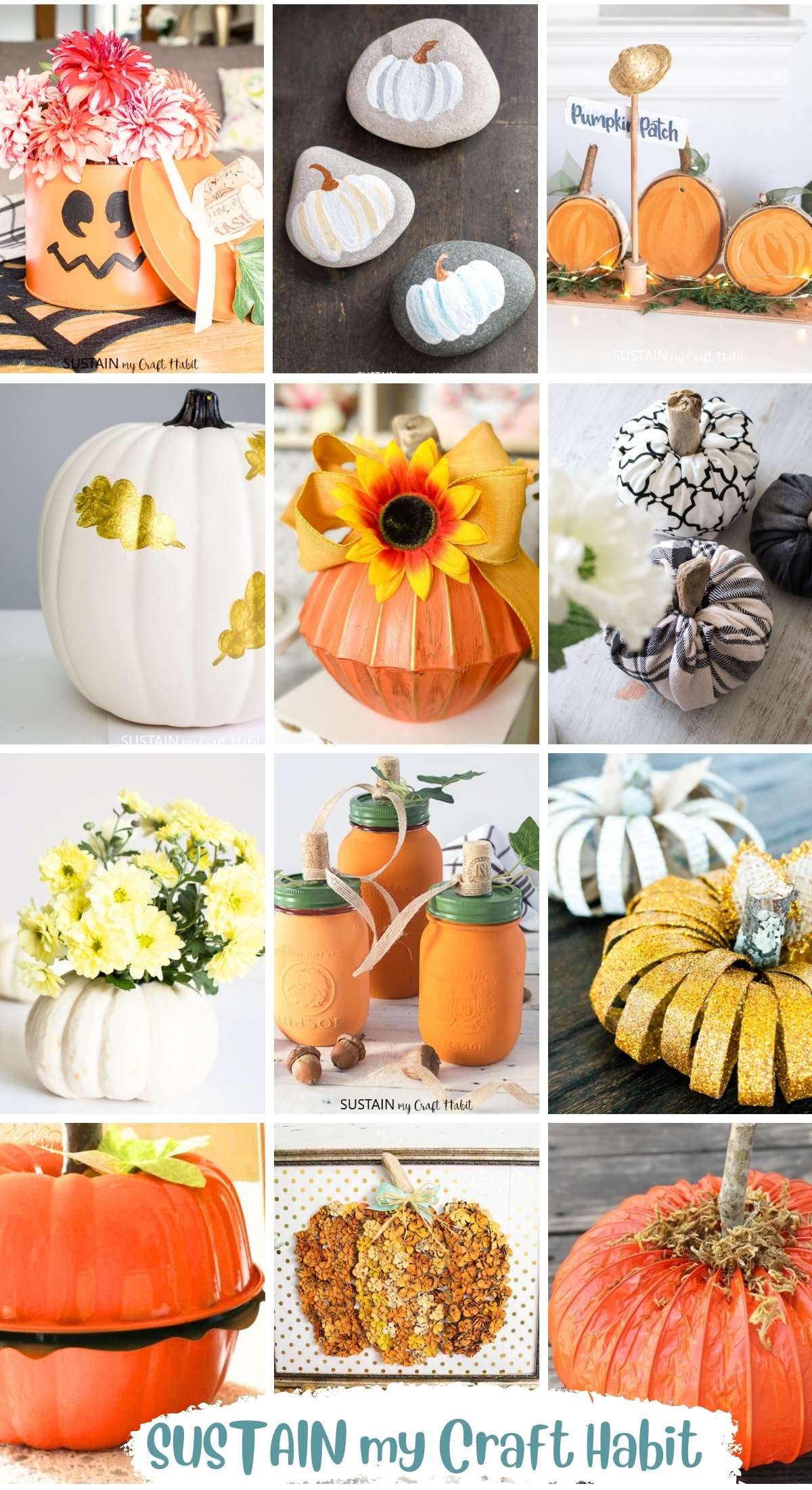 Collage of 12 different pumpkin craft ideas for adults to make.