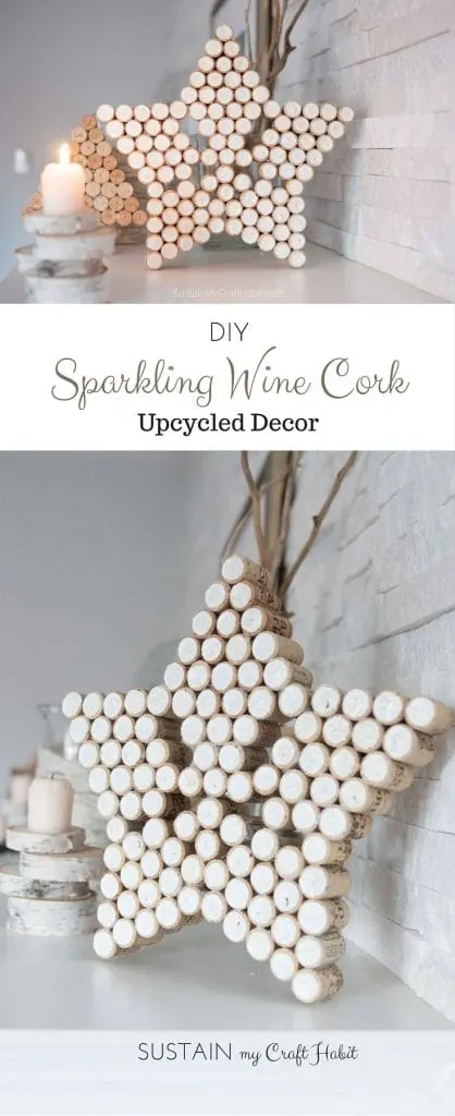 A collage of wine cork crafts ideas including a wine cork star with glitter
