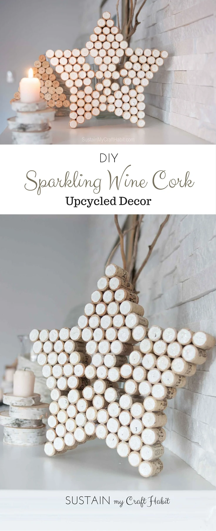 Wine cork crafts! How to make a sparkling star with wine corks. Add a little paint and glitter for a beautiful Christmas or year-round decor. Fun #winecorkcrafts idea! Elegant #crafts with wine corks.
