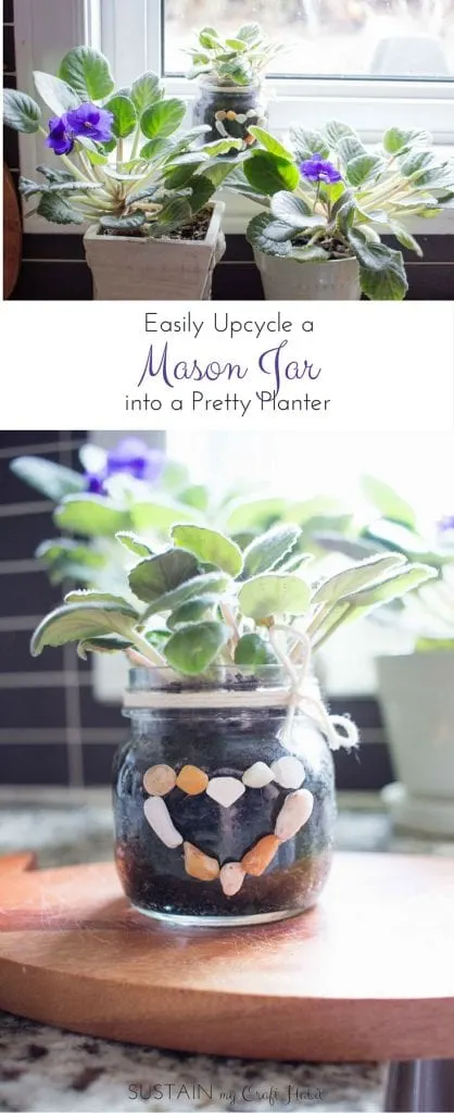 Learn how to make a simple mason jar planter using materials you already have on hand. A space-saving way to add greenery to your home with these plants in small glass jars. #masonjar #diyplanter #africanviolets #masonjarcrafts #masonjarplanter #planter