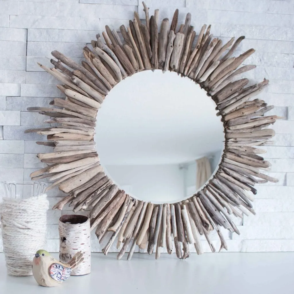 Large driftwood mirror as lake house decorating ideas