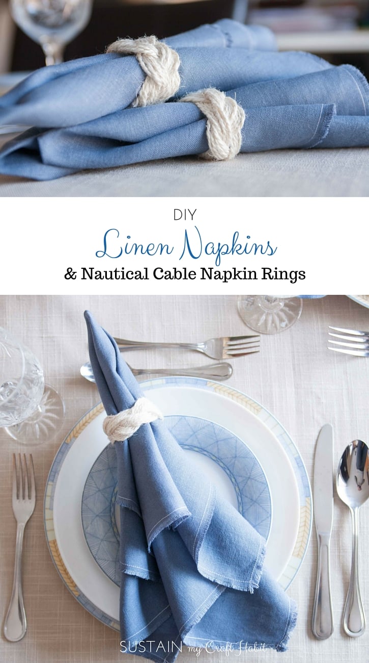 DIY Irish linen napkins with a frayed hem finish and nautical-inspired sailor-cable napkin rings. A step-by-step tutorial is included as well as a video for making the napkin rings. These would be perfect for any coastal or nautical themed event such as a dinner party, wedding reception or shower. Click through for all the details as well as links to 11 other crafts you can make with 1 yard of fabric.