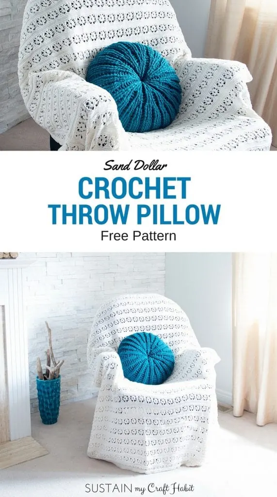 Collage of images showing the completed free crochet pillow pattern with a sand dollar design