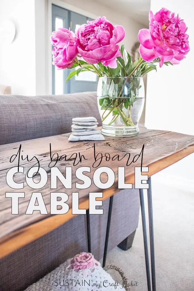 Learn how to make your own one-of-a-kind DIY console table with hairpin legs and a stained barn board surface.