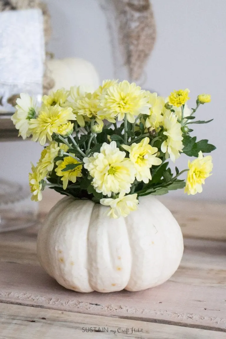 mini pumpkin fall decor flower arrangement Sustain My Craft Habit 6638