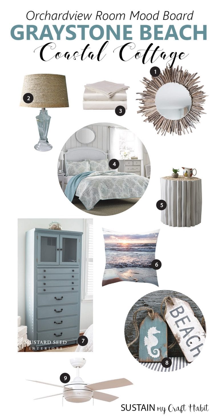 Design board for a beach themed bedroom. Inspiring coastal cottage bedroom decor ideas.