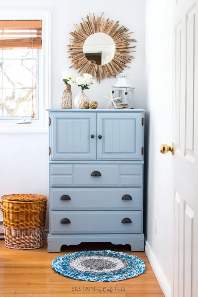 Upcycled blue dresser with chalk style paint