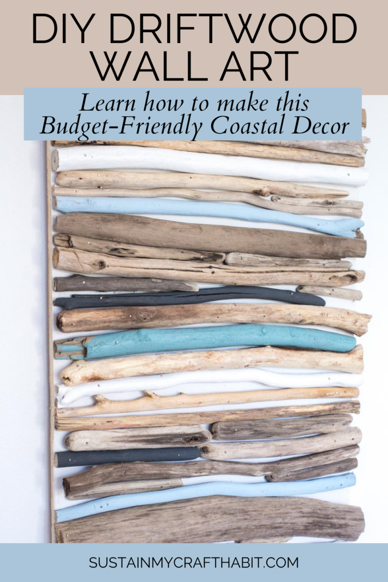 Pieces of natural and painted drifwood arranged to make driftwood wall art.