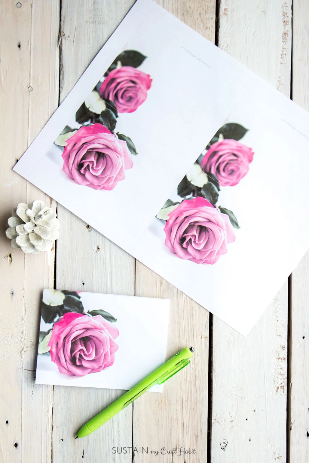 Pink roses free printable greeting cards on a wood background