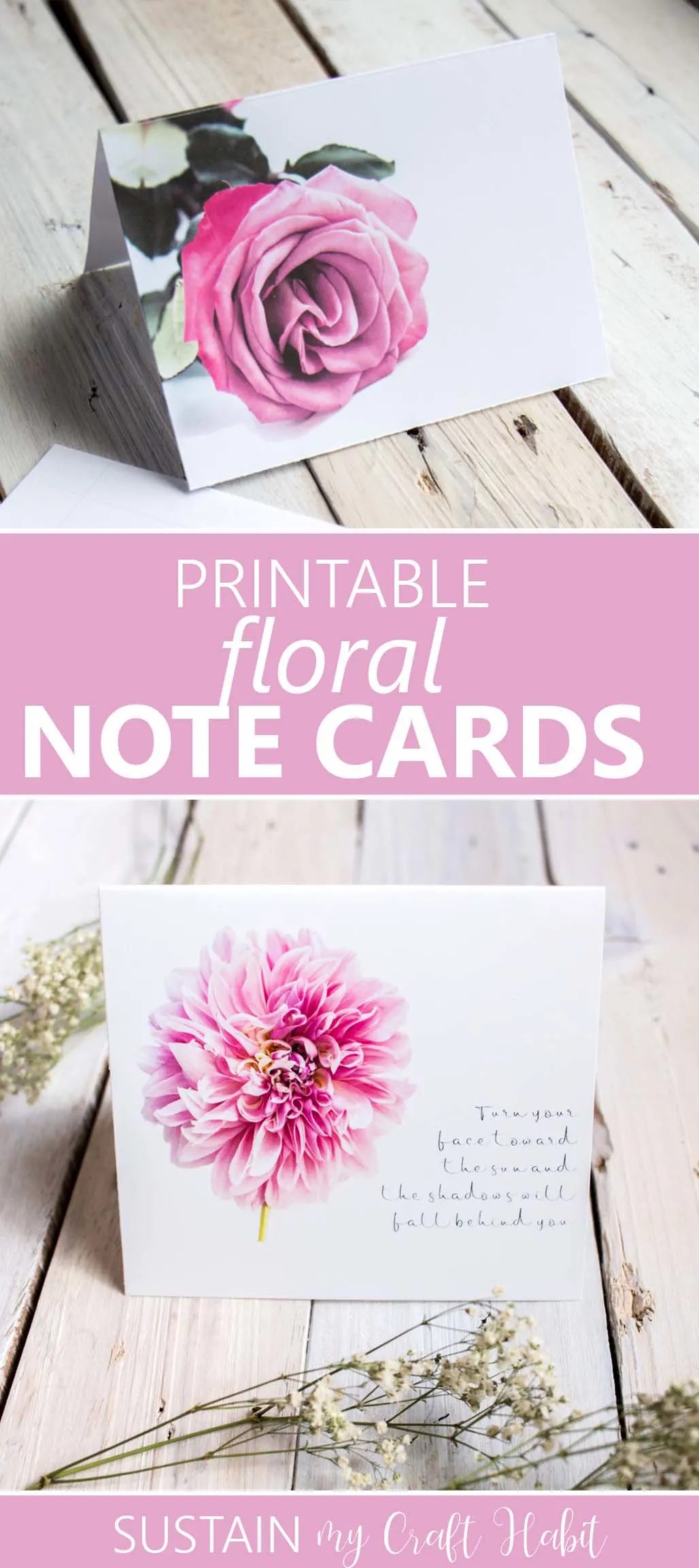 Pink roses and dahlias printable note cards