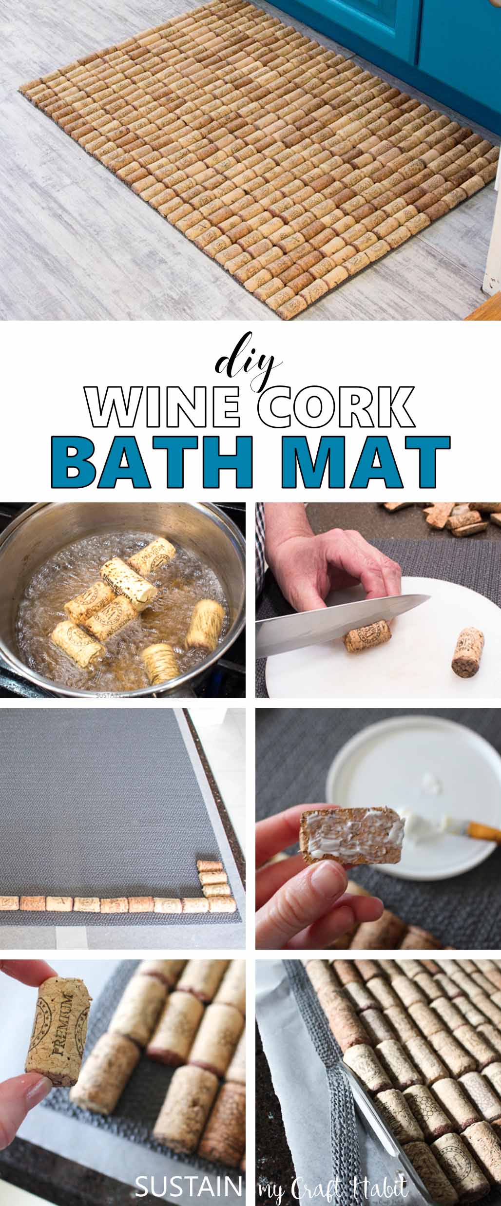 Collage of images showing how to make a DIY wine cork bath mat