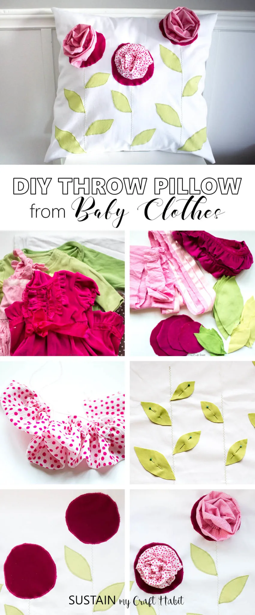 DIY throw pillow upcycled from outgrown baby clothing. This beautiful and bright home decor ideas would make a lovely keepsake or gift. Click through for the full tutorial and pattern.