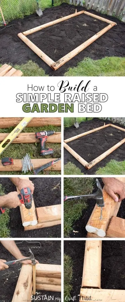 Collage of steps to build your own raised garden bed