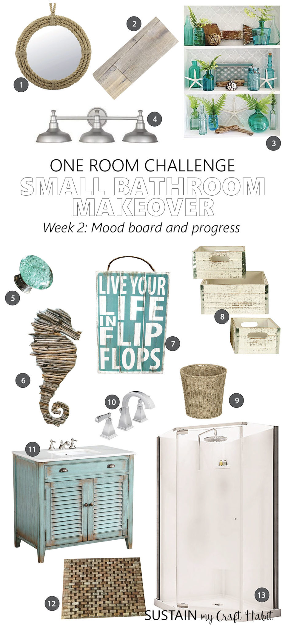 Touches of Teal coastal cottage mood board | Small bathroom remodel | Beach themed bathroom ideas mood board | One Room Challenge bathroom