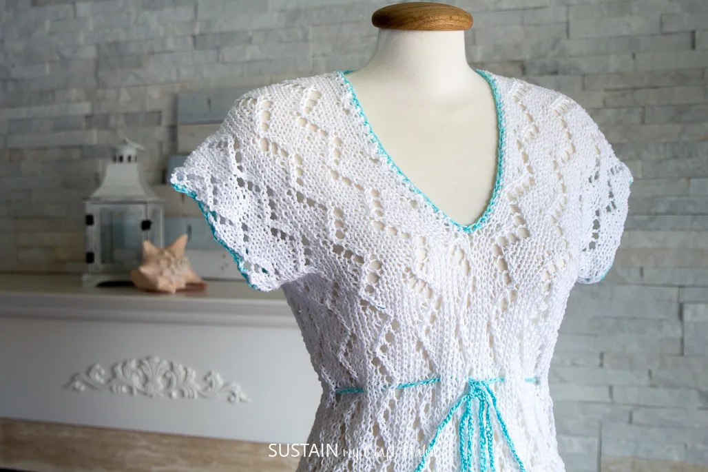 Lacy knitted beach cover up pattern review with Lion Brand 24/7 cotton yarn.