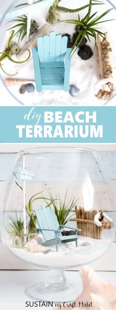 So cute! Make this beachy fairy garden to enjoy summer all year round. DIY tutorial with video included. Mini garden air plant terrarium.