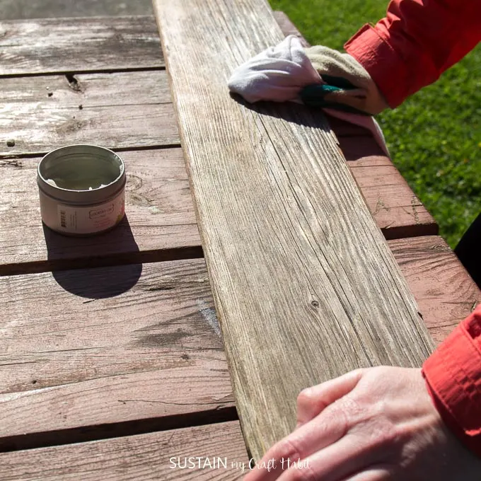Apply a natural furniture wax to your DIY driftwood shelf