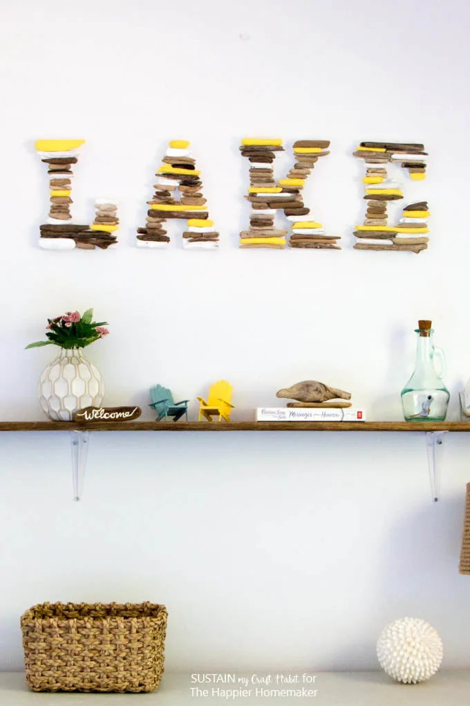 What a fun lake house or cottage decor idea! A DIY wall shelf with found driftwood.