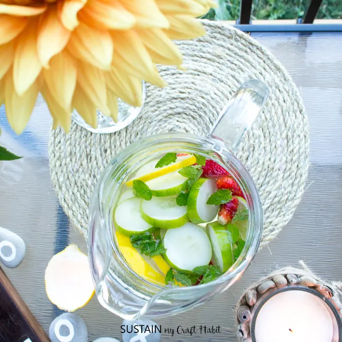 Refreshing cucumber, strawberry and mint water plus 11 cozy patio decorating ideas to try.