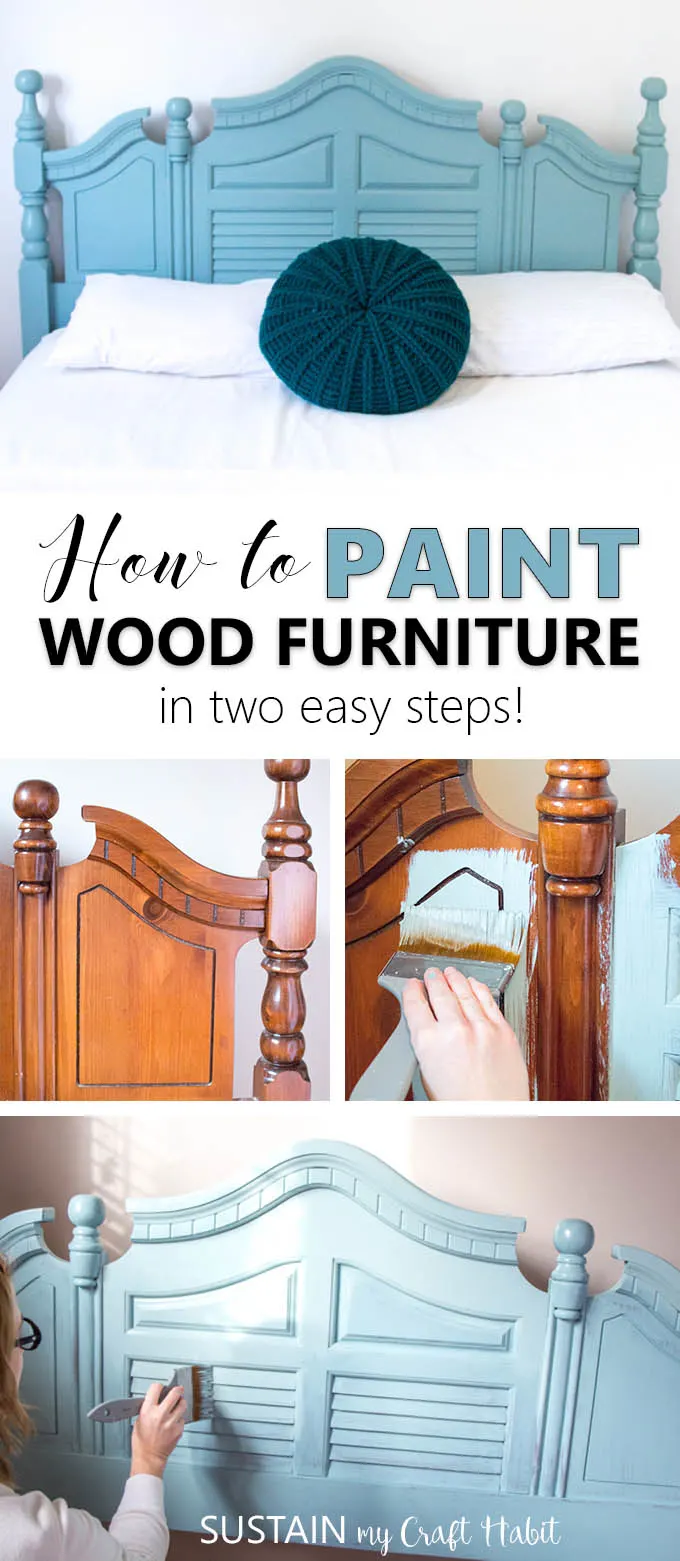 Collage of images demonstrating how to paint a wooden headboard.