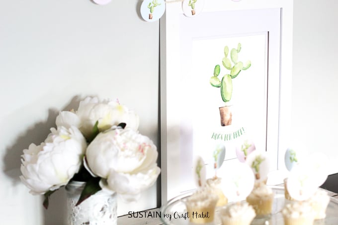 Printable watercolour art - cactus wall art, cupcake toppers and garland.