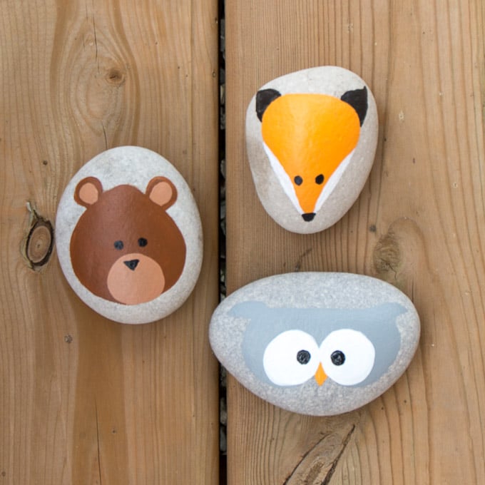 Woodland creatures rock painting. Adorable bear, owl and fox.
