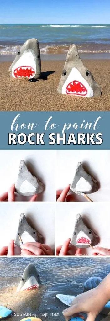So fun! Painted rock sharks. What a fun reason to collect beach stones. Step-by-step video tutorial for this rock painting idea.