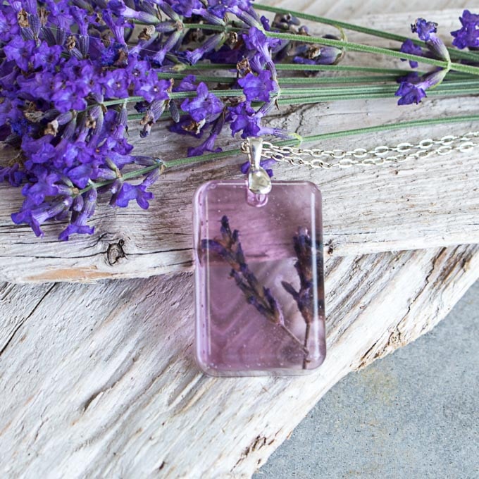 Close up image of a DIY resin pendant with lavender stems embedded. The pendant is leaning against a piece of driftwood with fresh lavender laid beside it.