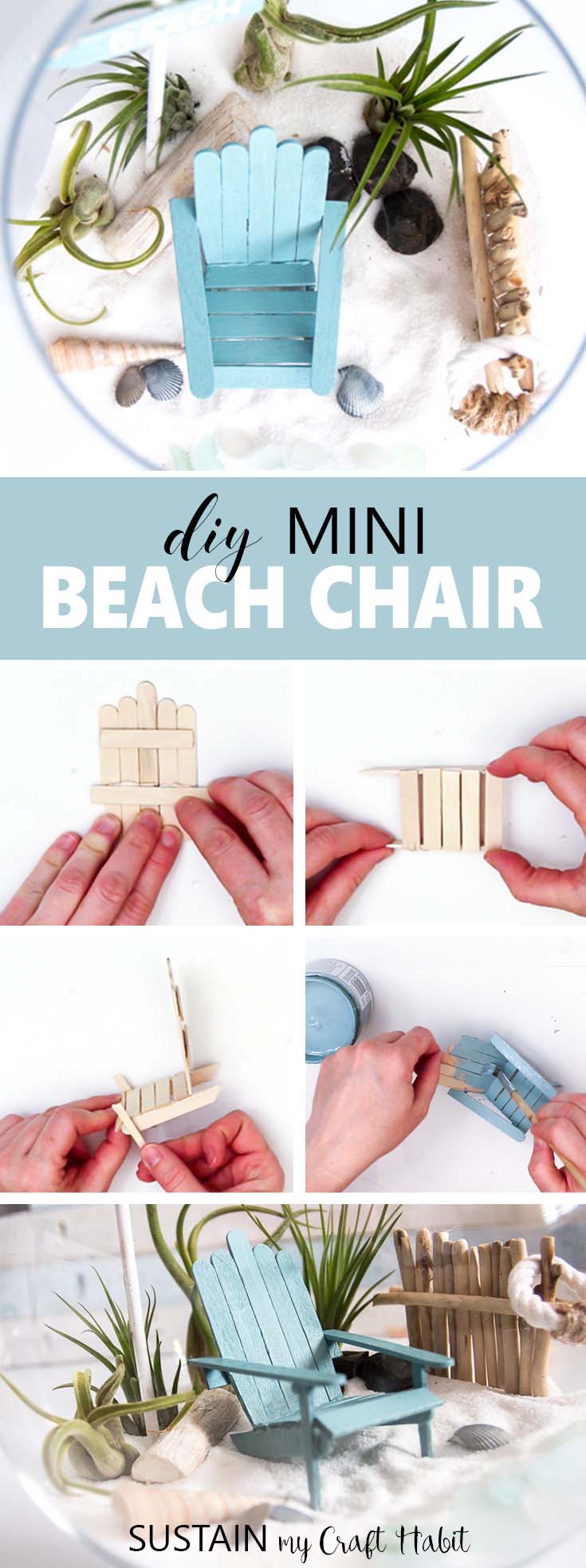 These mini Adirondack chairs are the perfect place for any beach-loving fairy to spend her summer days! Video tutorial and printable included. Miniature Adirondack Chair, Muskoka chair, coastal fairy garden furniture, mini beach chairs