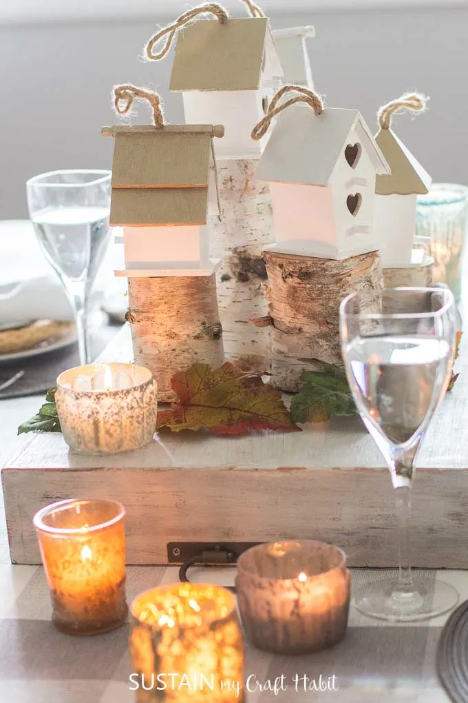 Mercury glass votive candles from Afloral as a part of a woodland themed tablescape idea #yearoffeasting #votivecandles #thanksgiving #tablescape