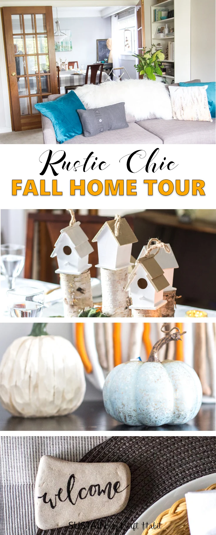 Gorgeous rustic chic fall home tour \ Fall decorating ideas with natural materials \ Teal and neutral fall decor \ Canadian bloggers fall home tour \ DIY autumn decorating ideas