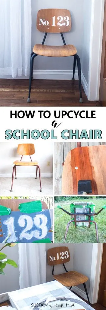 Learn how to refinish a wood chair. Upcycled student chair with a farmhouse style stencil and black matte spray painted legs.