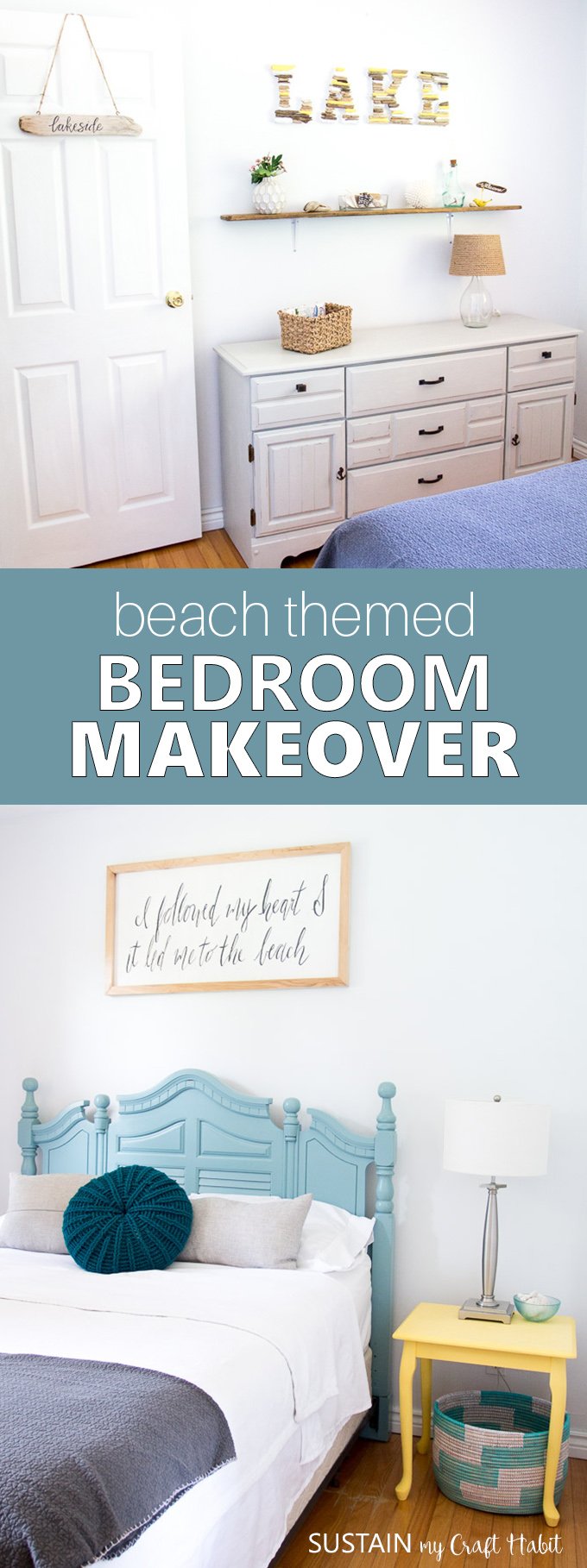 Beach themed bedrooms | Coastal style bedroom makeover | Beachy bedroom decor | Beach house decor on a budget | #coastalstyle #cottagedecor #beachthemedbedroom #beachbedroom #coastaldecor