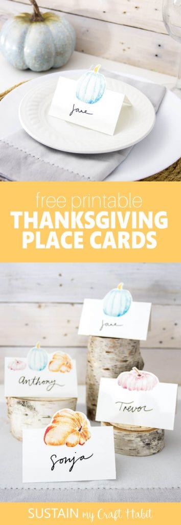 Adorable Thanksgiving free printable place cards | Fall party name cards | Fall wedding table settings | Fall tablescape ideas #thanksgivingdecor #watercolorart #freeprintable #diy #pumpkincraft #papercraft
