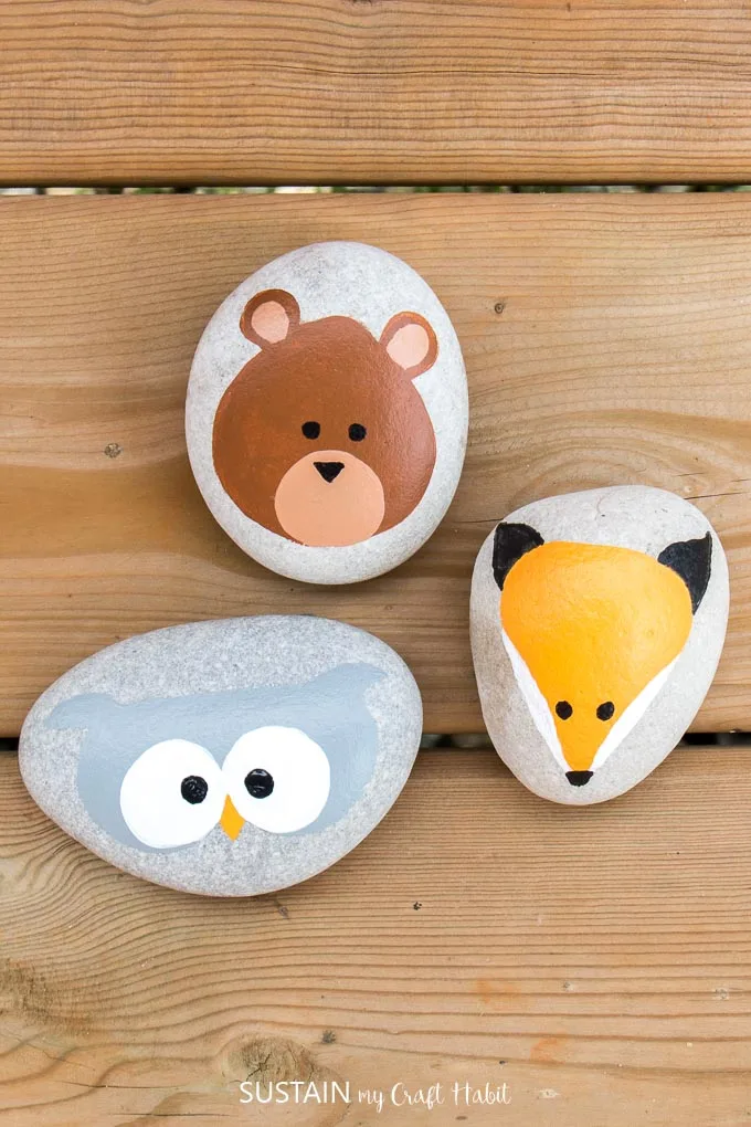 Rock painting ideas such as woodland animals and pumpkins.