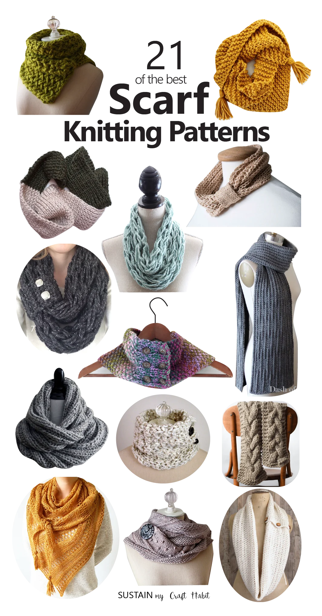 Collage of images showing 14 different scarf knitting patterns