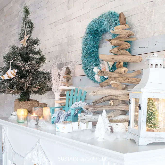 Canadian bloggers Christmas home tours! #cbhometour Cozy Coastal Christmas mantel filled with beautifully beachy DIY ideas for a #coastalChristmas | christmas mantle ideas with fireplaces | #coastal christmas #mantel decorating ideas