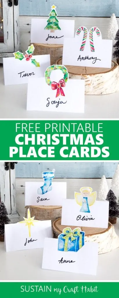 Beautiful free printable Christmas place cards for your holiday tablescape! Red and green candy canes, holly, wreath and tree place card printables | Blue and gold watercolor name card designs #Christmastablescape #Christmasplacecards #holidaydecorating