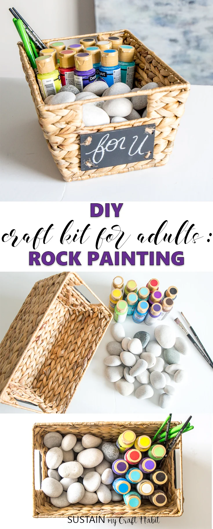 Collage of images for how to assemble your own rock painting kit