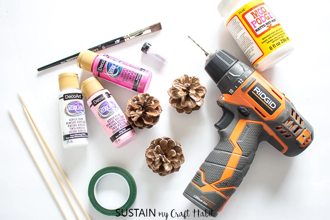 Supplies needed to make pine cone roses including paint and a drill