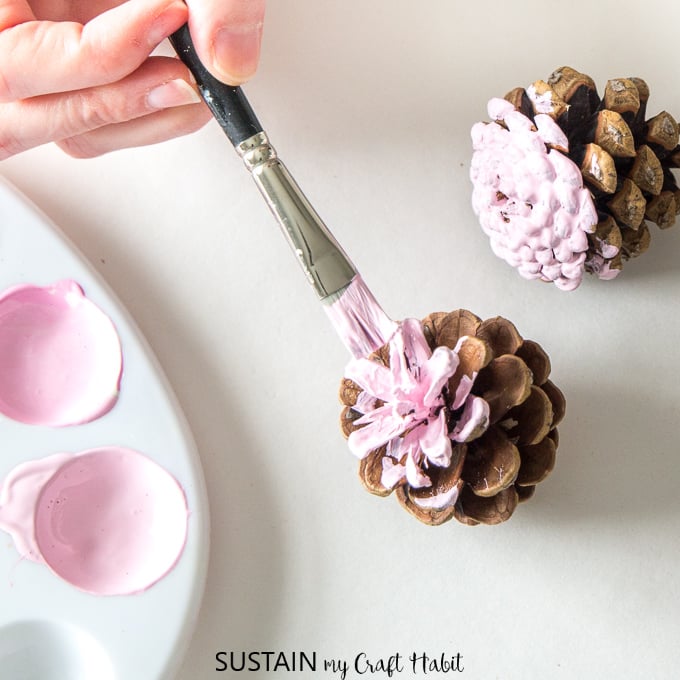 Close up view painting a pinecone light pink.