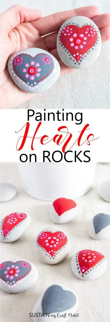 red pink and grey heart painting rocks