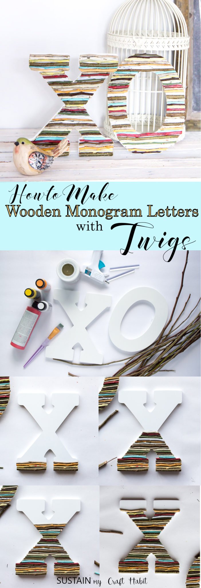 Collage of wooden monogram letters embellished with painted twig pieces